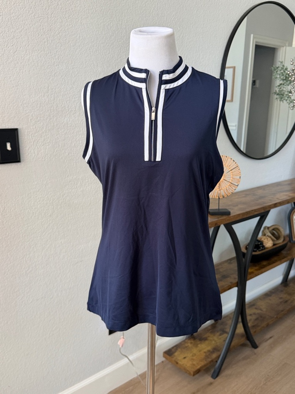 NEW Tail Navy Sleeveless Golf Polo Tank with White Striped Trim